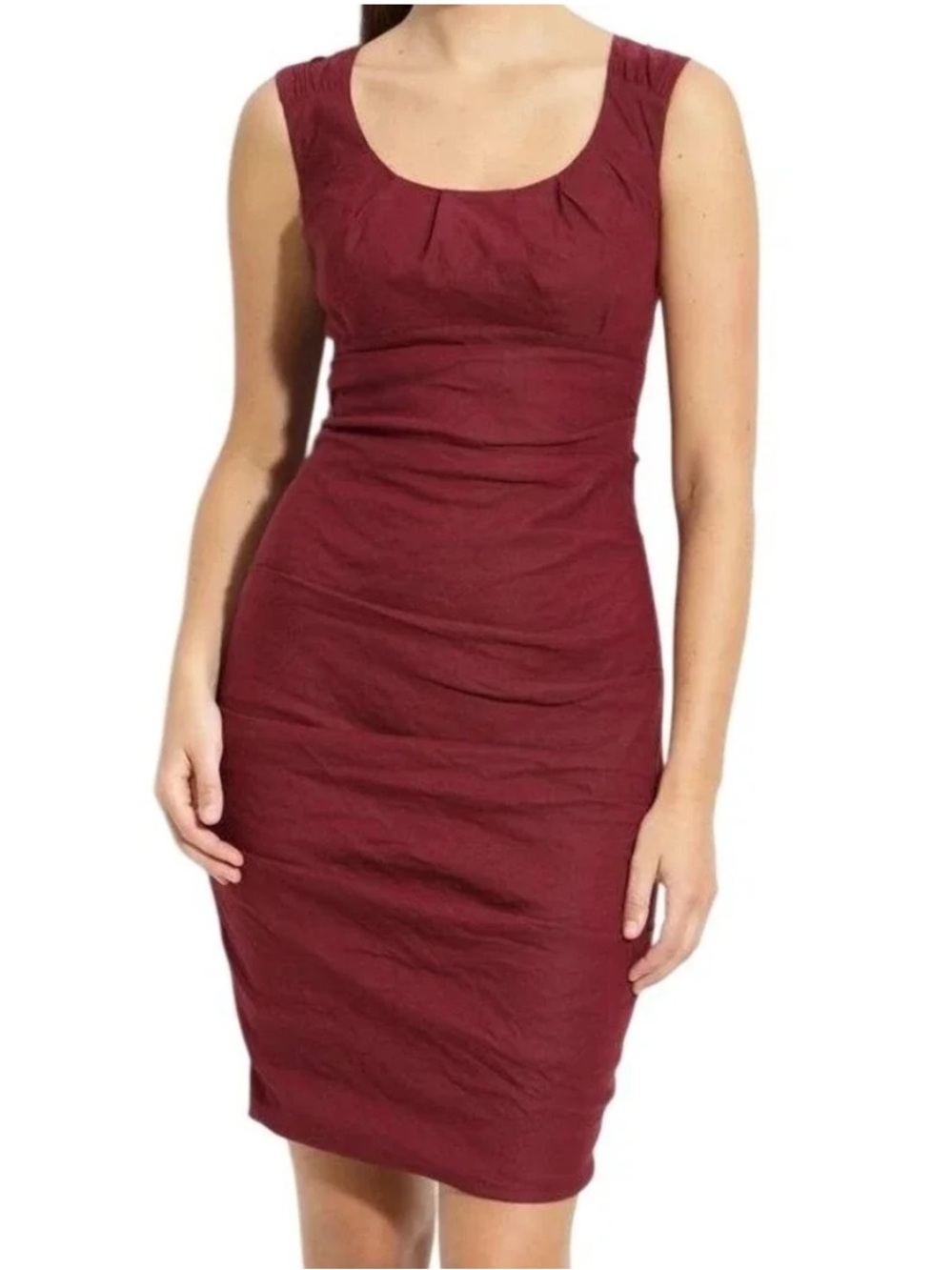 Eileen Fisher Burgundy Shirred Cotton Stretch Sheath Cocktail Dress Sz 14